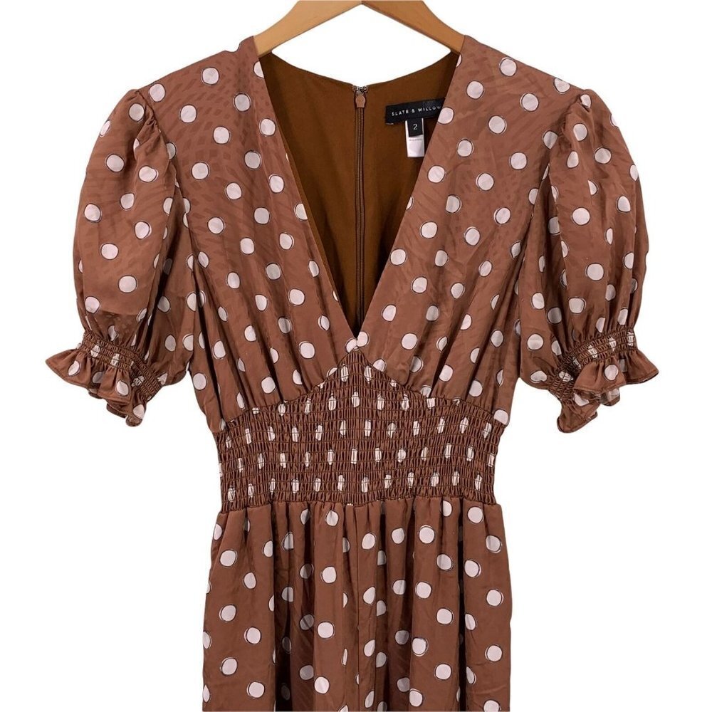 SLATE & WILLOW Brown/White Sketched Dot Short Sleeve Jumpsuit Size 2 - Picture 3 of 5